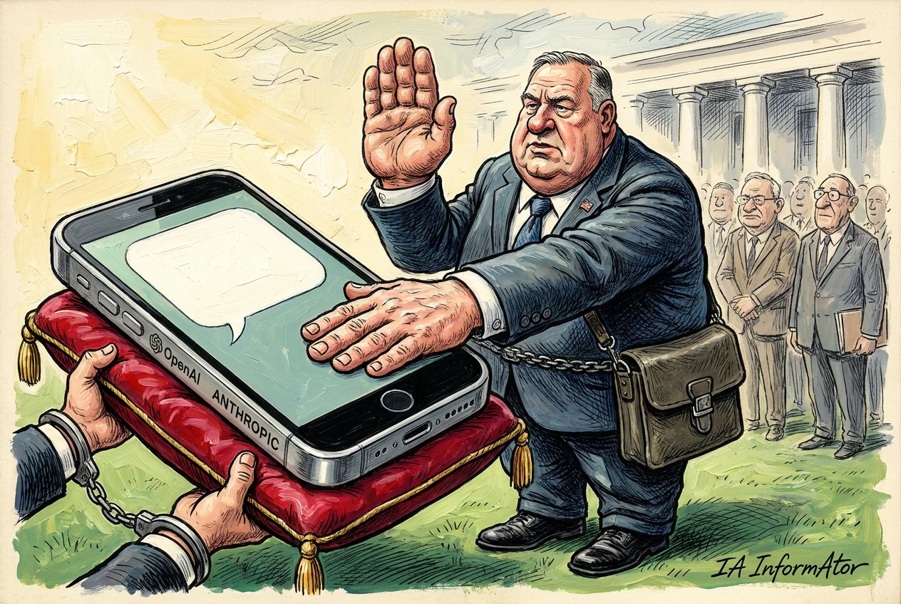 Viñeta: en el jardín de un edificio con columnas, un hombre corpulento de traje azul, con bandera de solapa y una cartera de cuero colgada en bandolera, levanta la mano derecha para jurar mientras apoya la izquierda sobre un teléfono móvil gigante tumbado en un cojín rojo de borlas doradas, en el sitio donde iría la Biblia. La pantalla del teléfono muestra un enorme bocadillo de mensaje vacío y en el canto metálico se leen grabadas las marcas de OpenAI y Anthropic. Dos manos esposadas sostienen el cojín por debajo y, a la derecha, un grupo de hombres trajeados mira en fila.